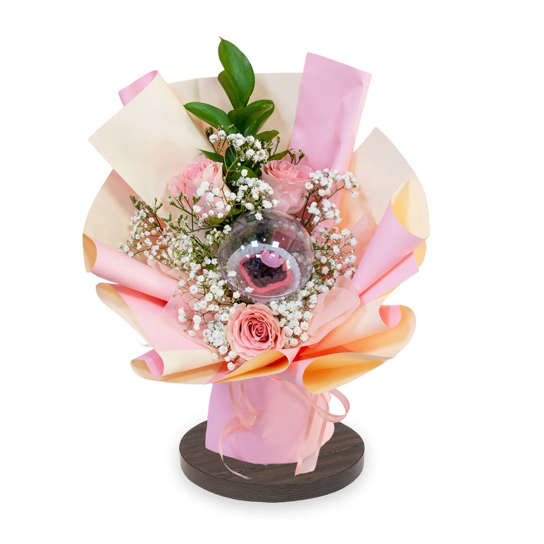 Pink Roses & Gypso with Small Dessert Bouquet | Flower Gift Center