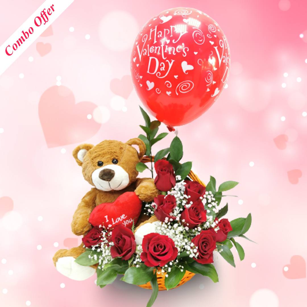 Teddy Bear Red Rose love Basket Combo | Flower Gift Center