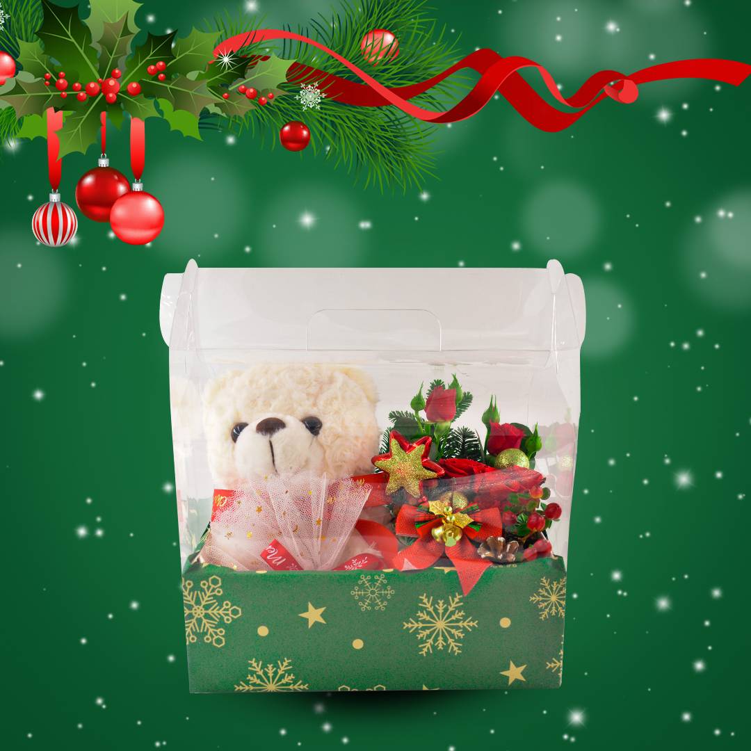 Mini Christmas Flower Basket with Teddy Bear | Flower Gift Center