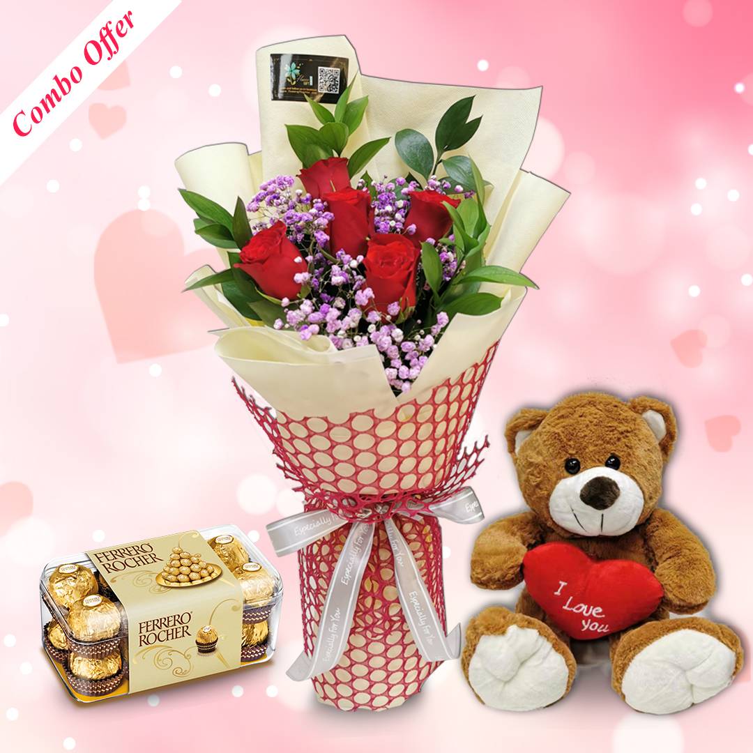 Red Roses Bouquet w/ Bear and Ferrero