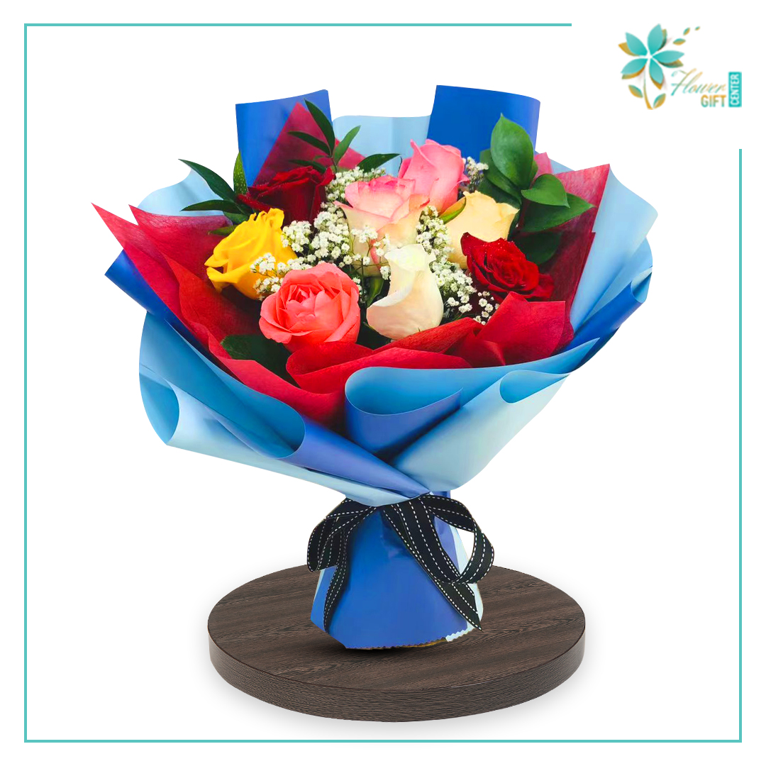 Mix Roses in Blue Bouquet | Flower Gift Center