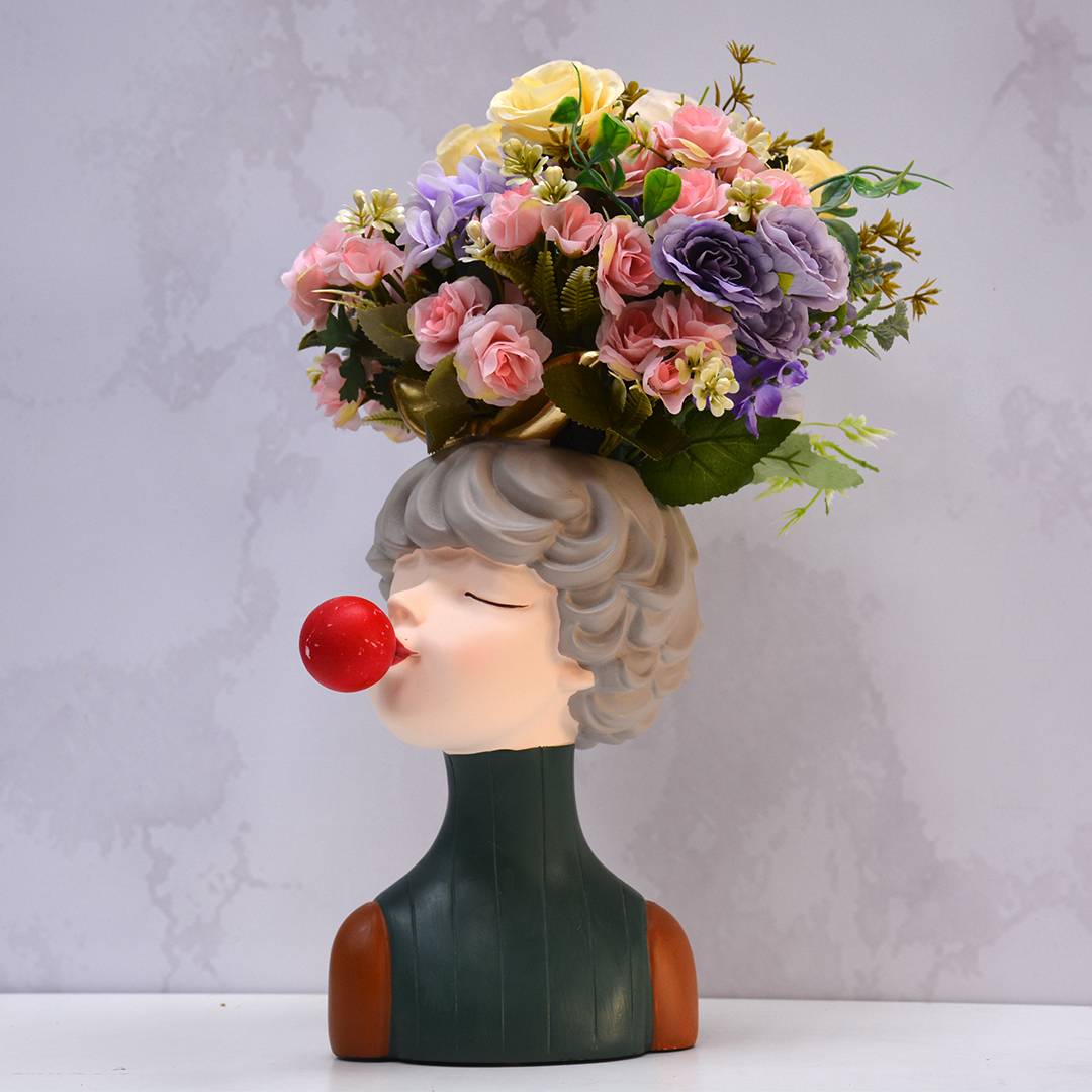Cabilock Girl Head Vase with Artificial Flower Resin Blowing Bubbles Bunny Girl