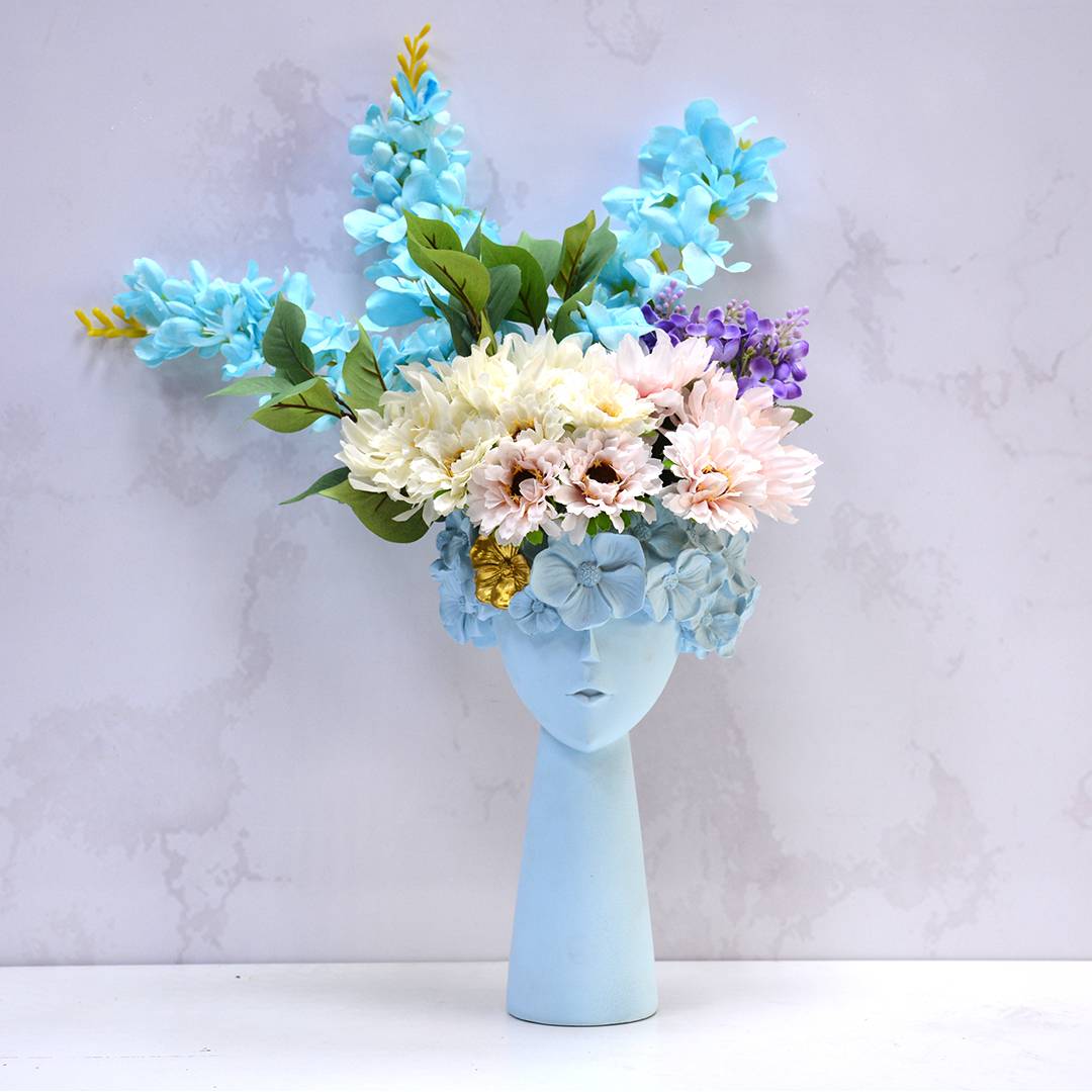 Creative Portrait Retro Art Vase Cement Head with Artificial  Flower and Vase