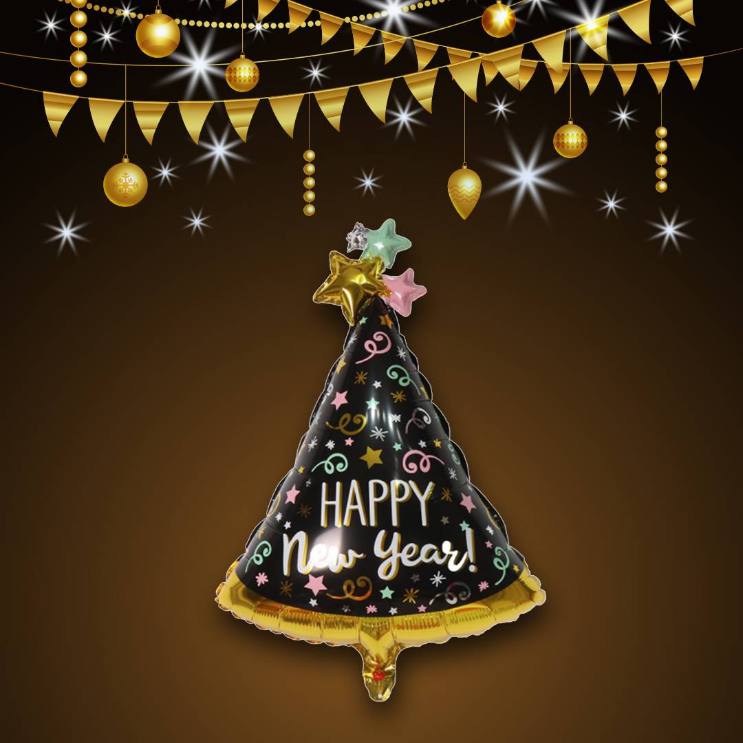 Happy New Year Tree Black Foil Balloons
