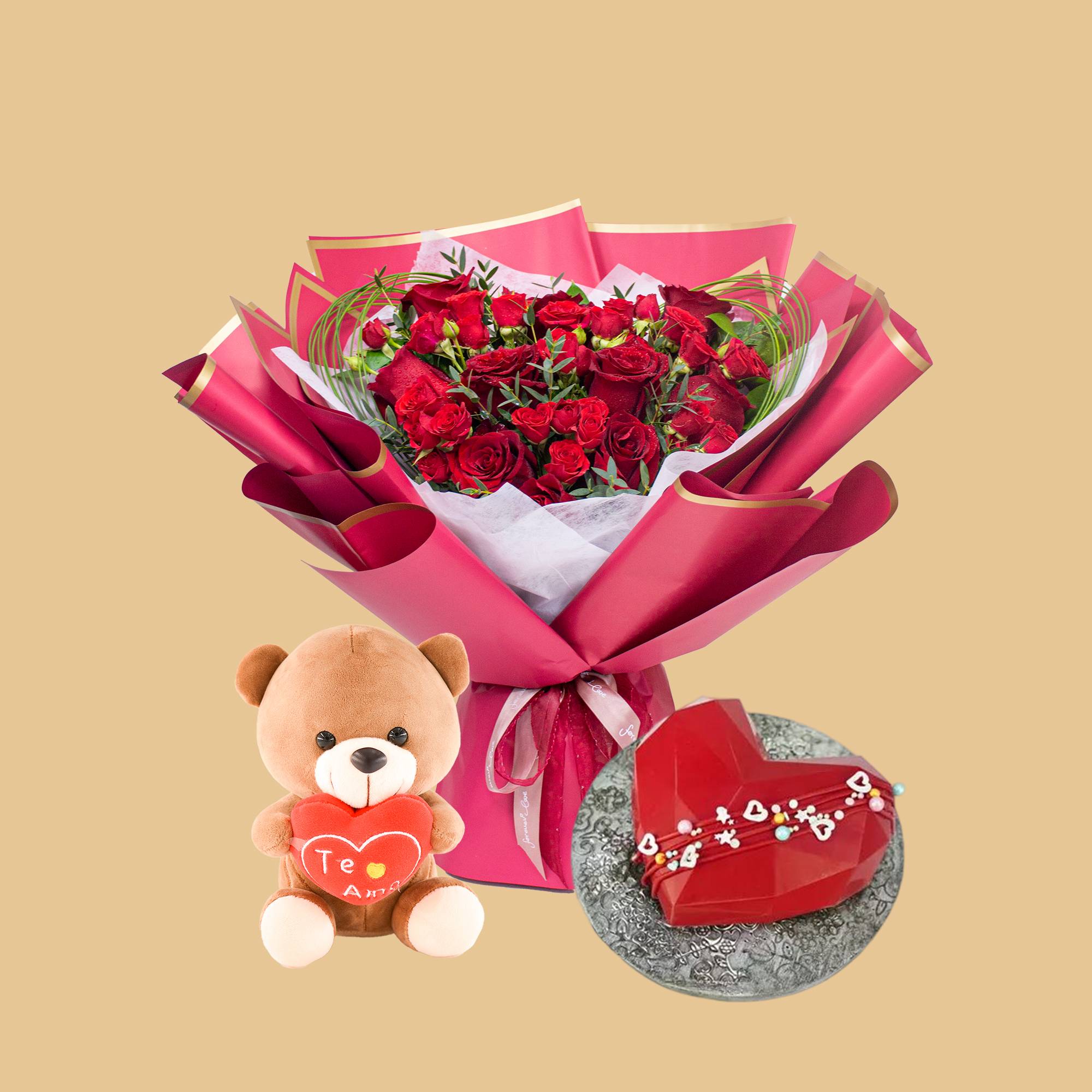 Combo Heart Shape Bouquet with Cake and Bear