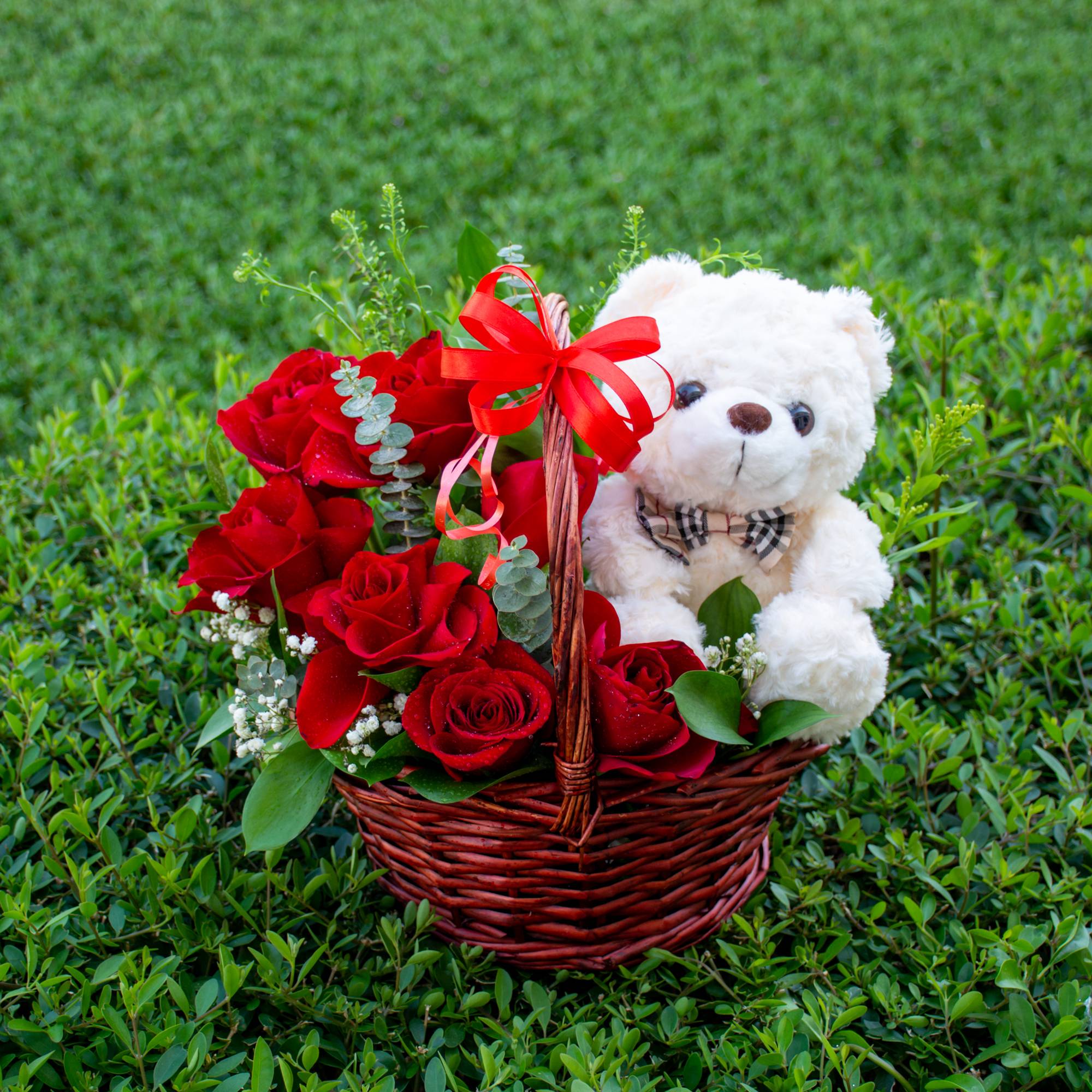 Red Rose with Bear Light Wood Basket | Flower Gift Center