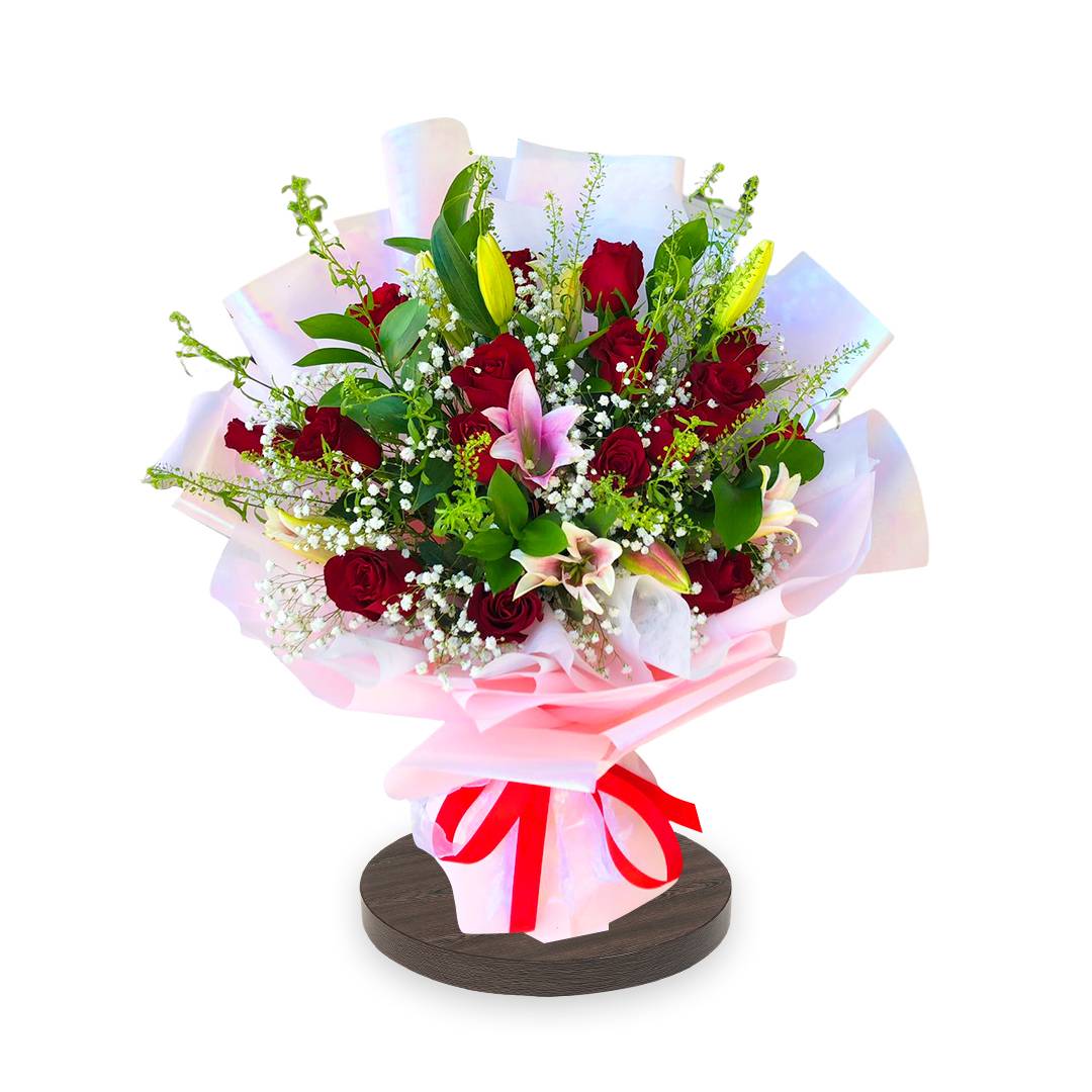 Red Roses Mixed Lily Gypso Bouquet | Flower Gift Center