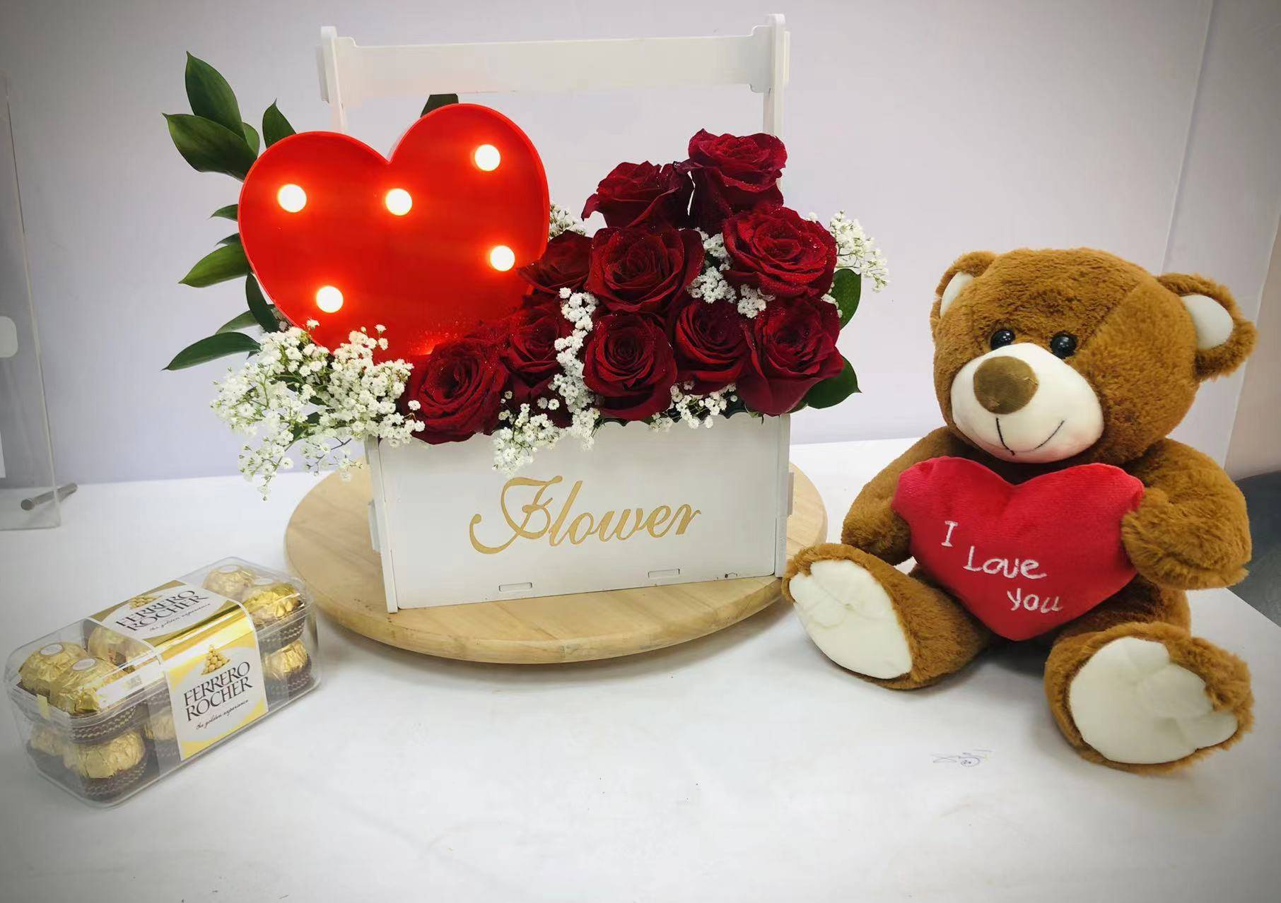 Teddy Bear and Flower Box | Flower Gift Center