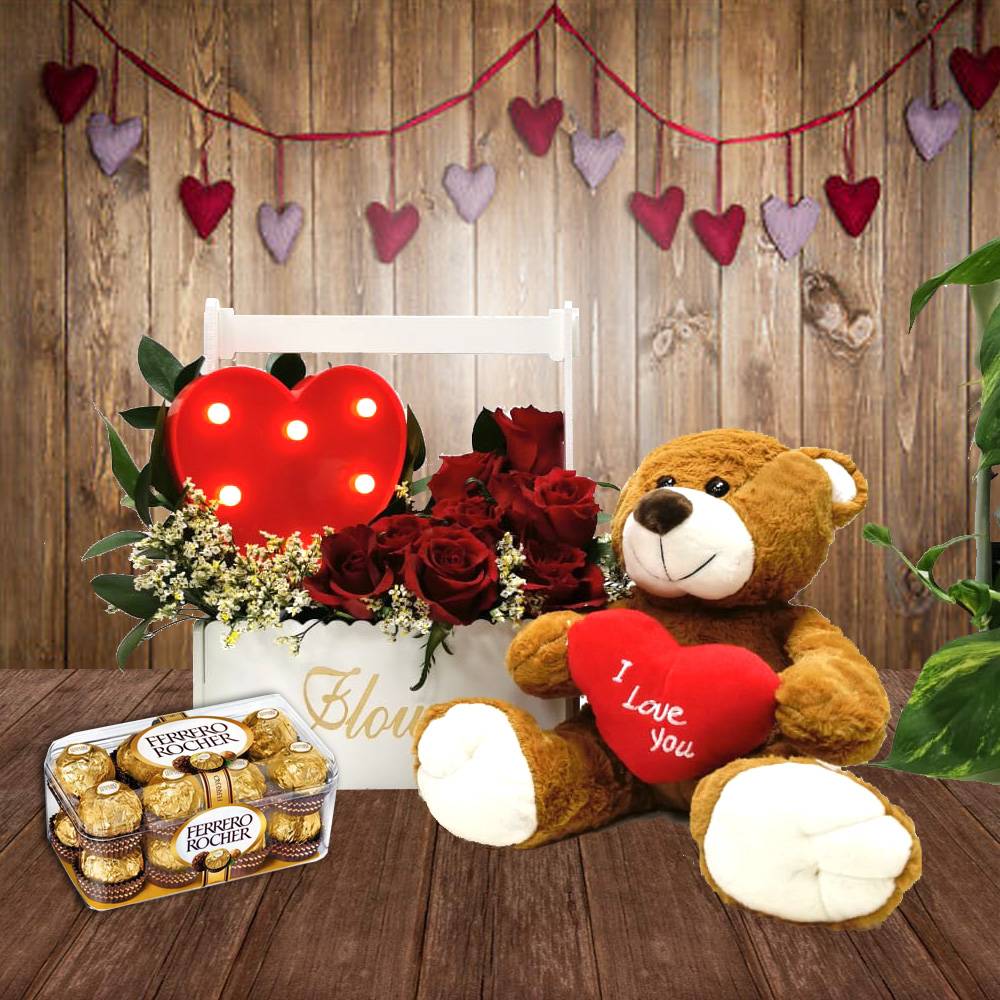 Teddy Bear Plush Fresh Rose Flower Basket Love Chocolate Gift Box | Flower Gift Center