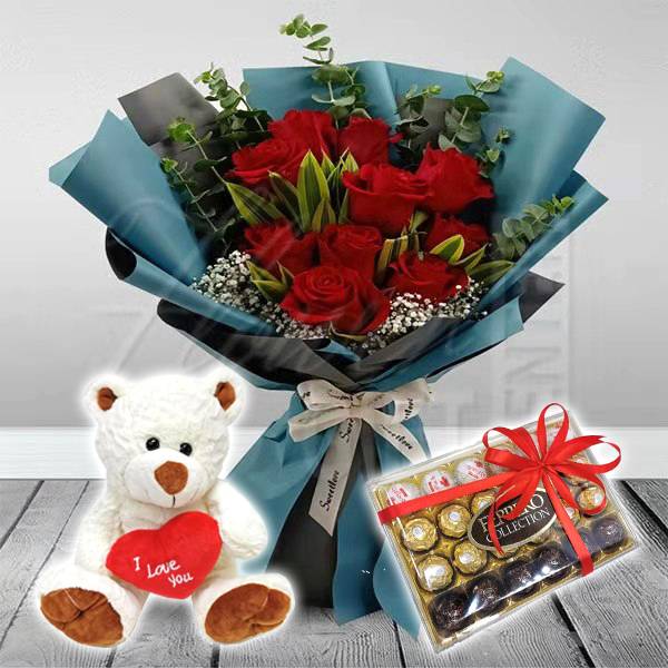 Red Roses and Twin Teddy | Flower Gift Center