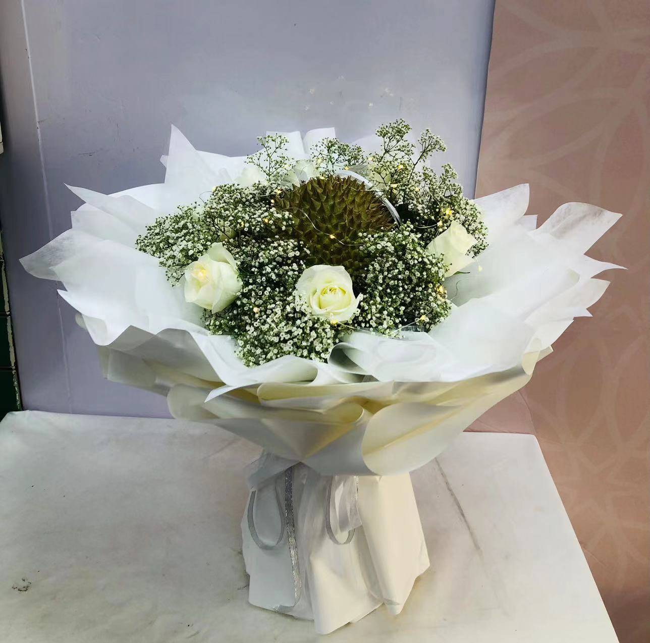 White Rose & Durian Fruit Bouquet | Flower Gift Center