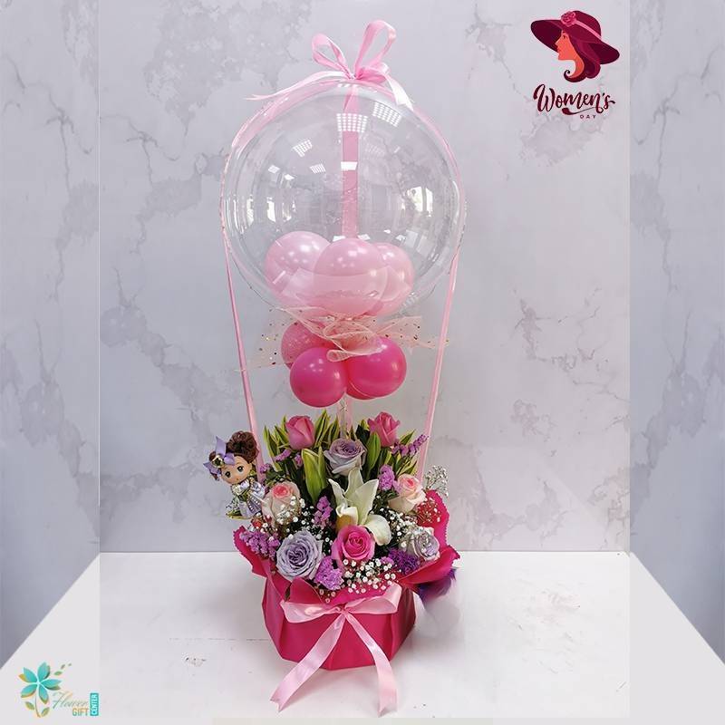 Mix Flowers arrangements with doll and bobo balloon | Flower Gift Center