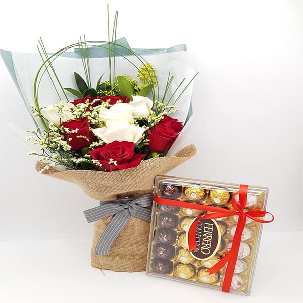 flower bouquet and chocolate