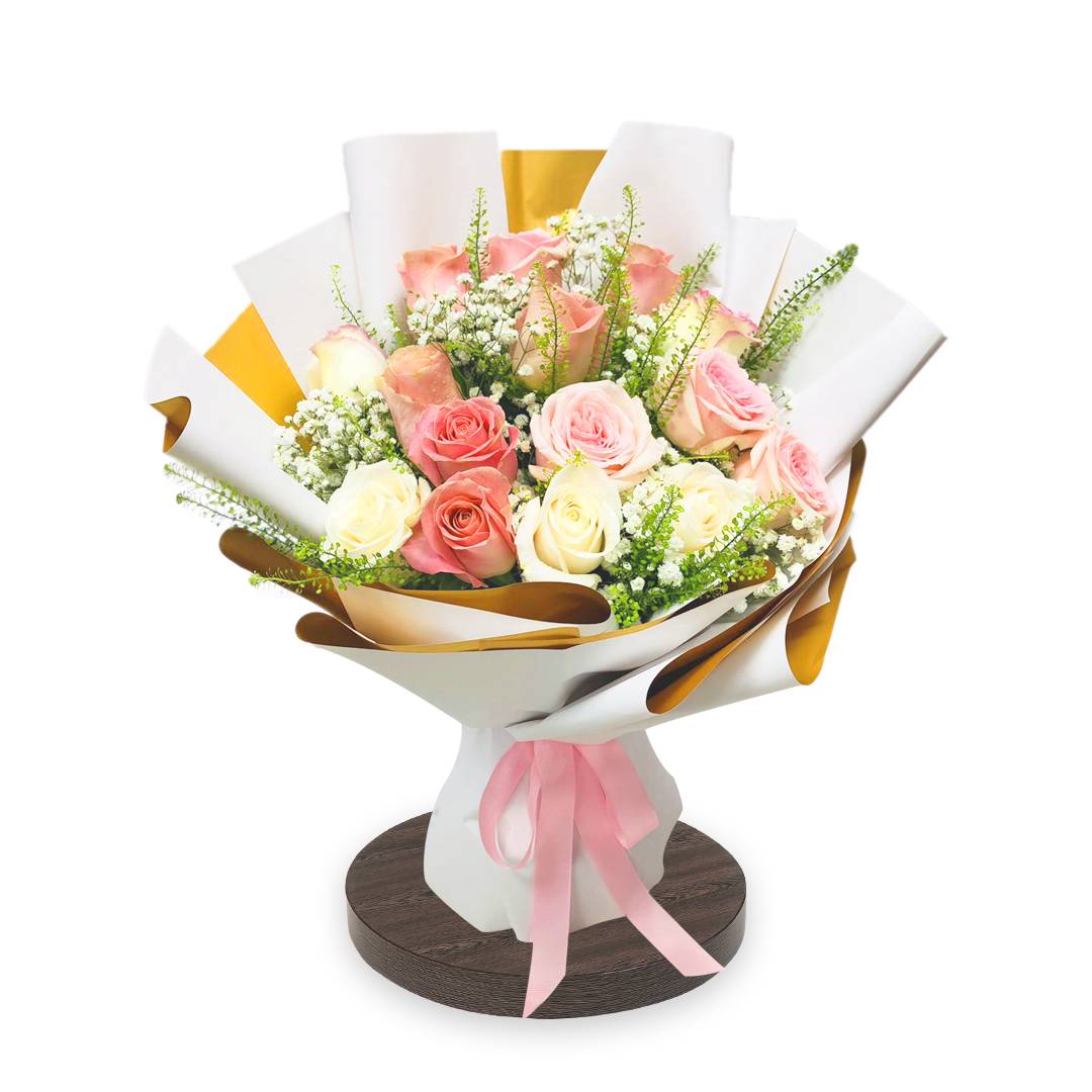 light Roses with Gypso Flower Bouquet | Flower Gift Center