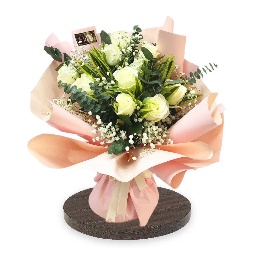 Roses with Leaves, Gypso Flower Bouquet | Flower Gift Center