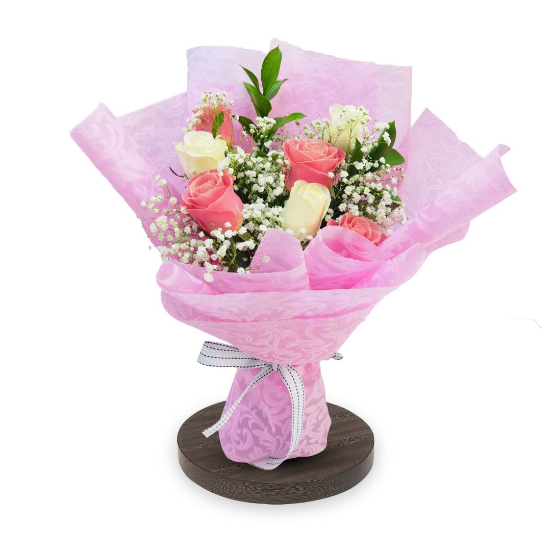 07 Roses Flower Wrapped Bouquet | White and Pink Roses | Flower Gift Center