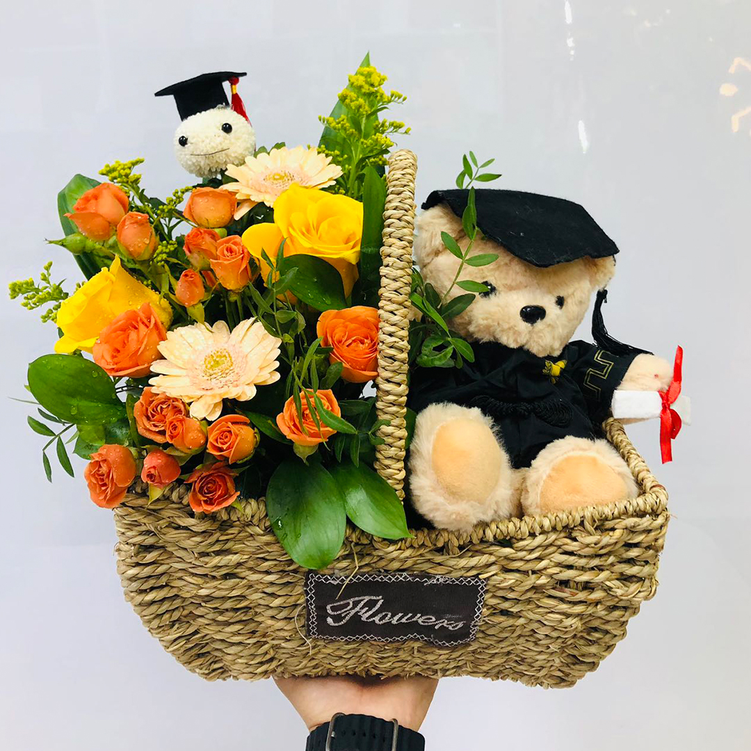 Graduation Wishes Flowers with Basket | Flower Gift Center