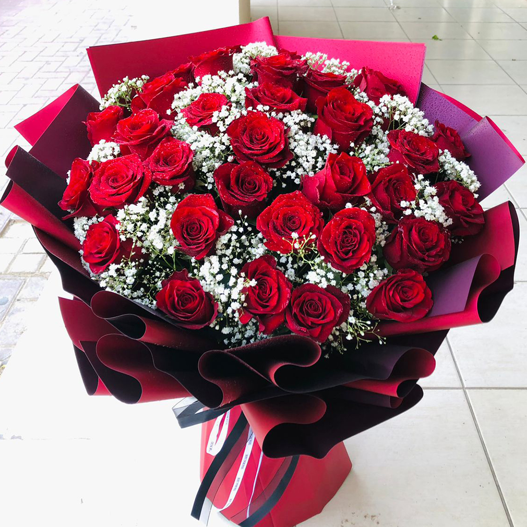 33 Red Roses with Gypsum
