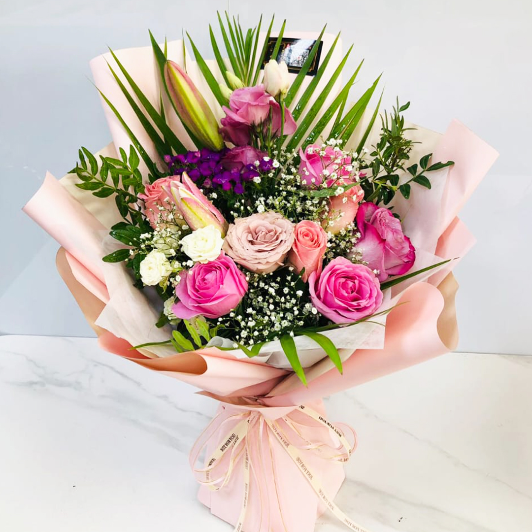 Pink Bouquet with Palm leaves