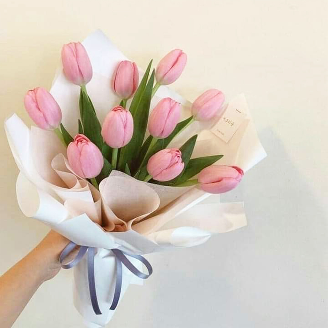 Pink Tulip in White Bouquet
