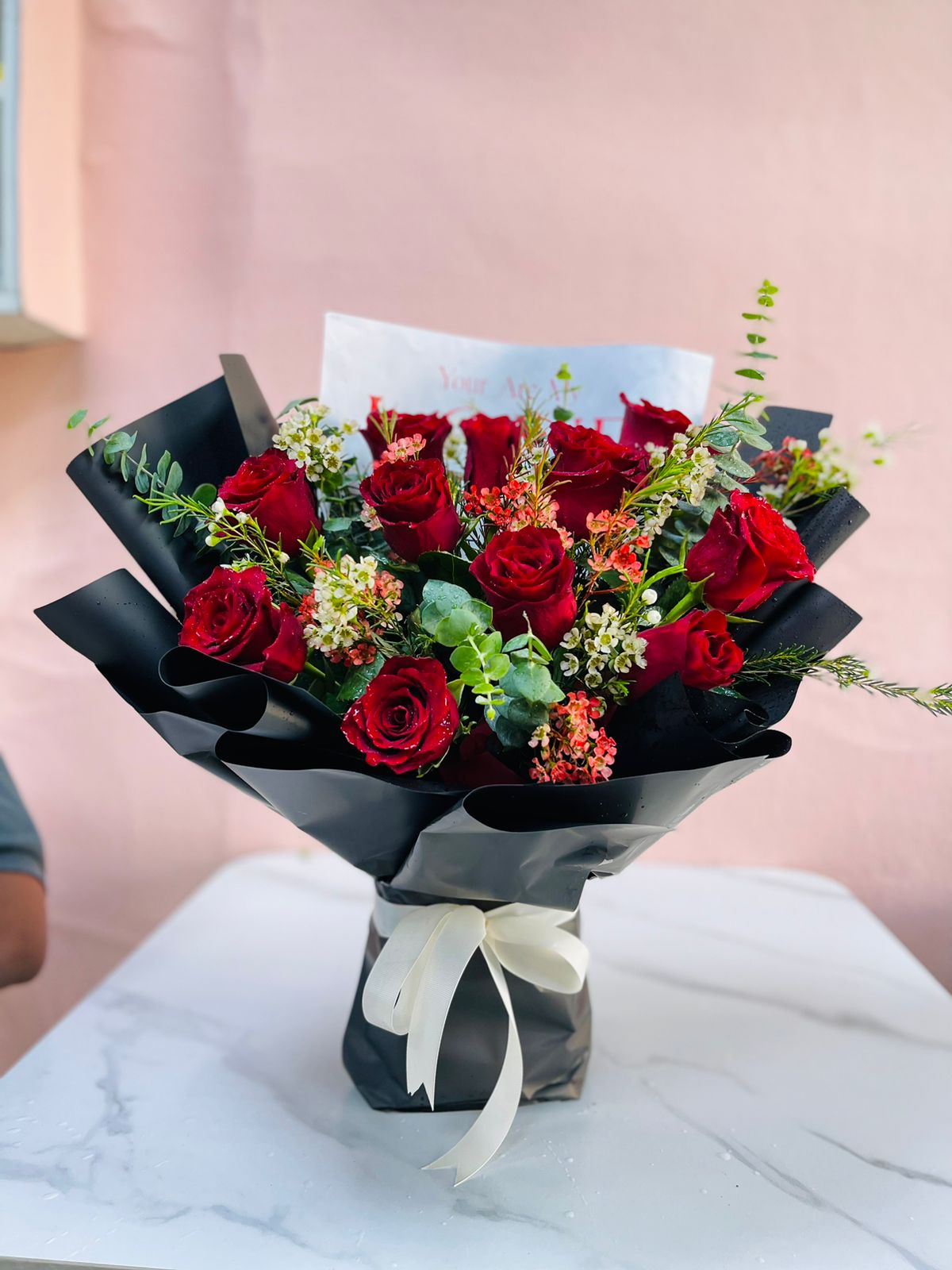 11 Red Rose in Black Bouquet