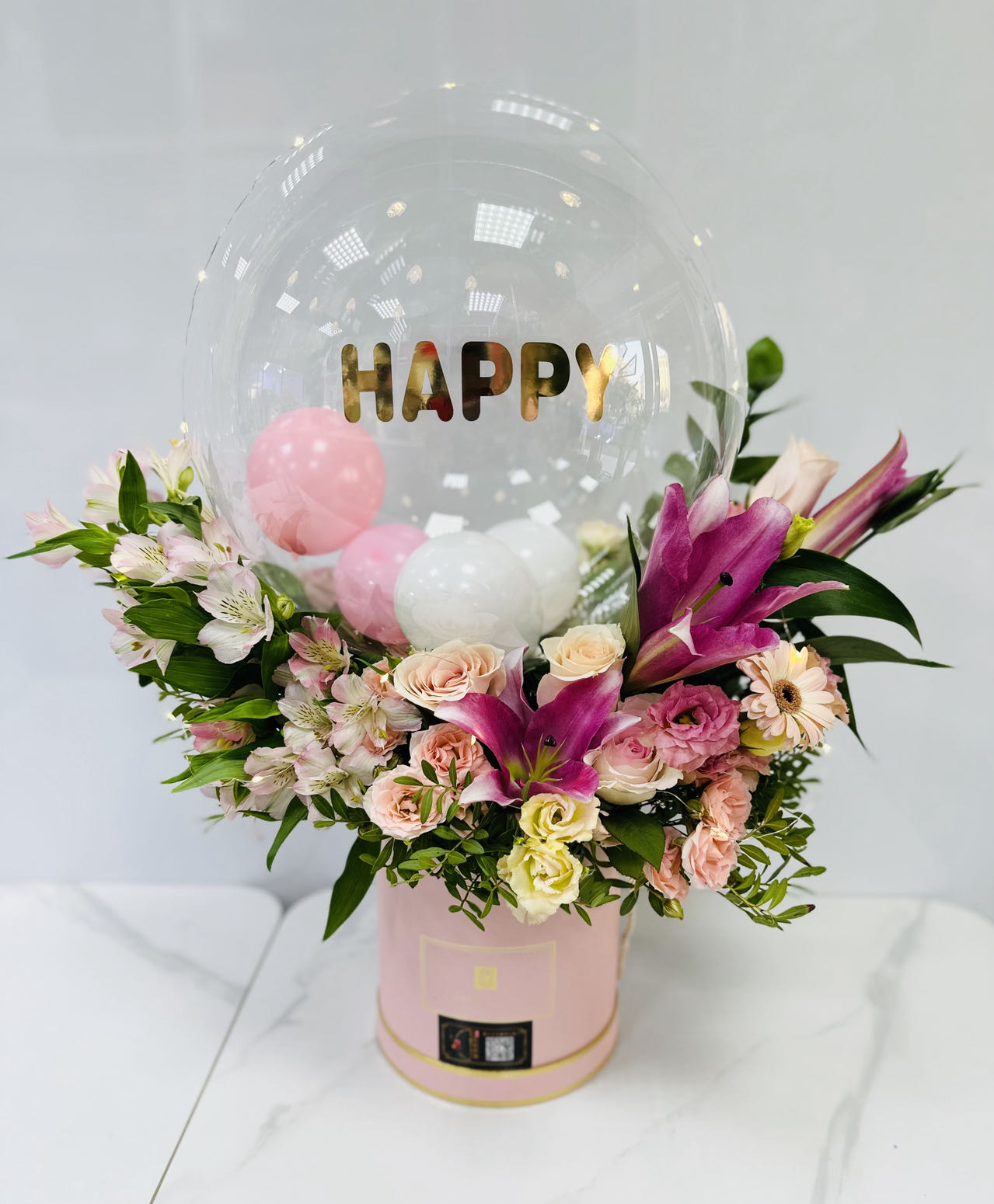 Happy Birthday Box with Lily amd Bobo balloons | Flower Gift Center
