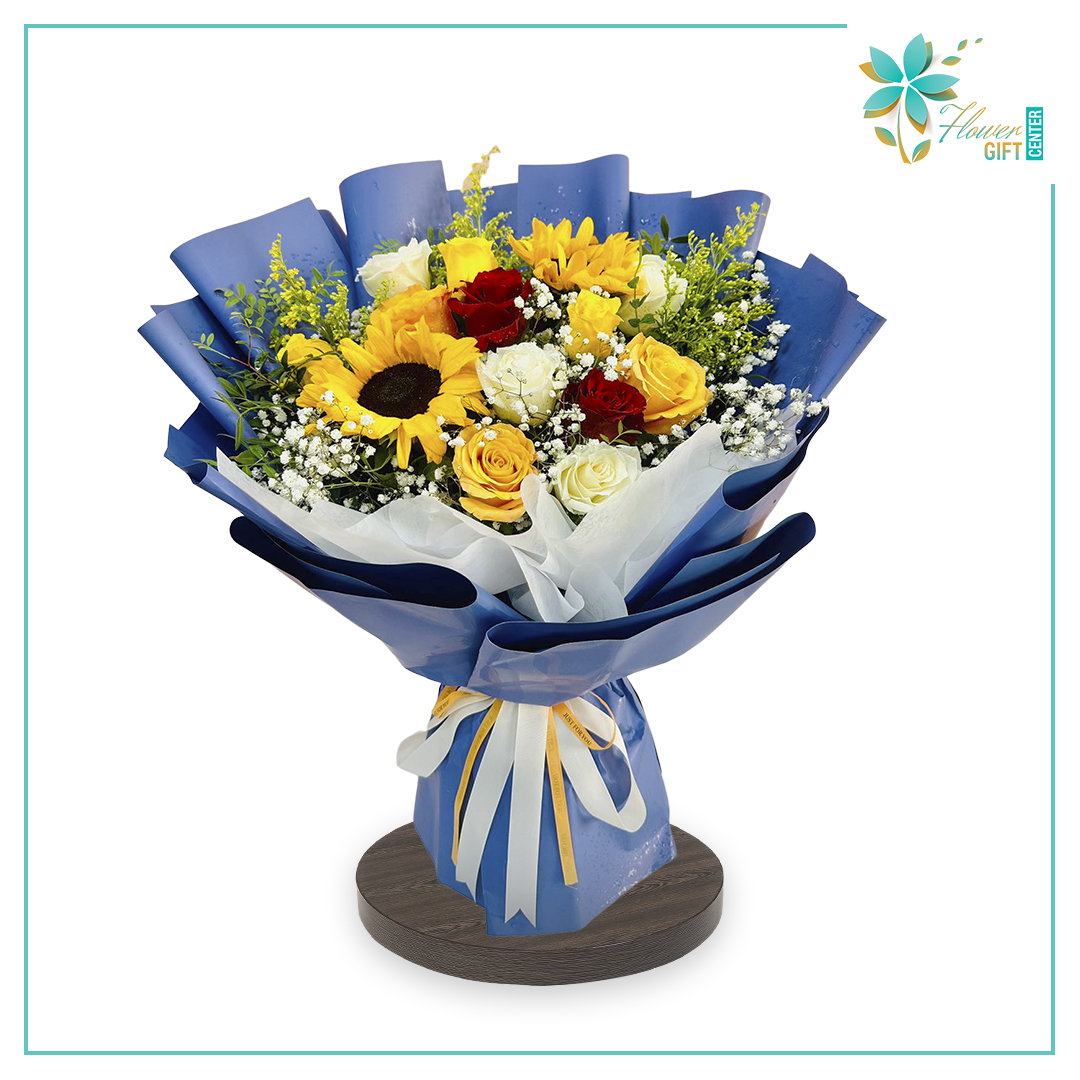 Sunflower in Blue Bouquet