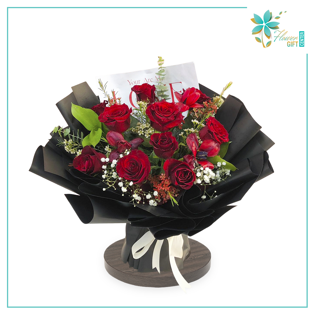 Orchid and Red Rose Bouquet | Flower Gift Center