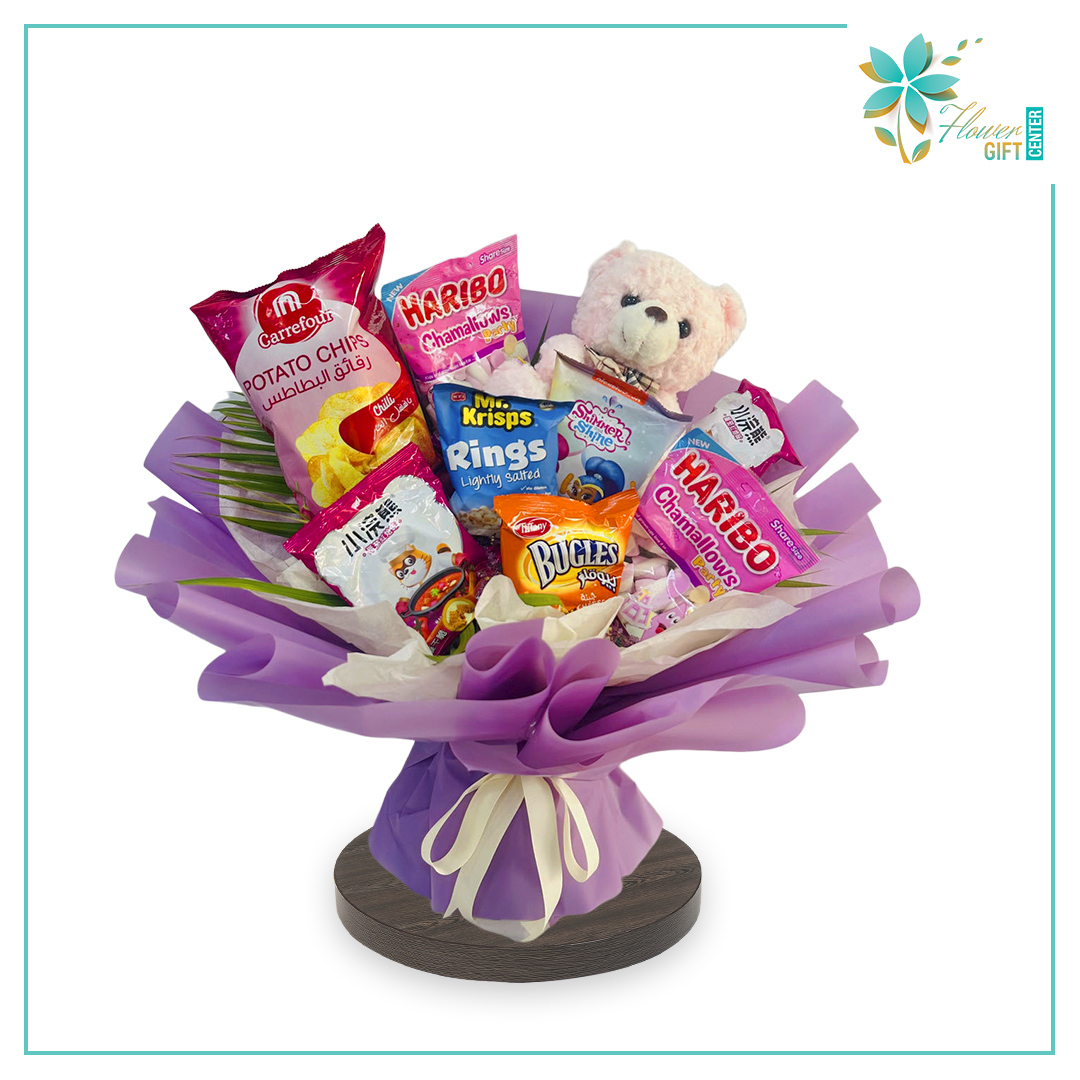 Purple Bouquet with Chips and bear | Flower Gift Center