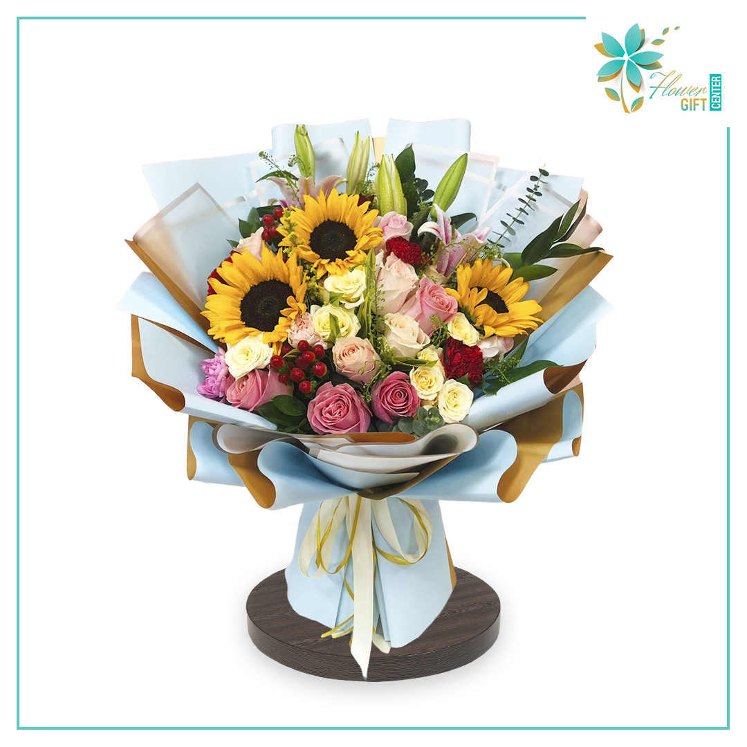 Mix Sunflower in Baby Blue Bouquet | Flower Gift Center