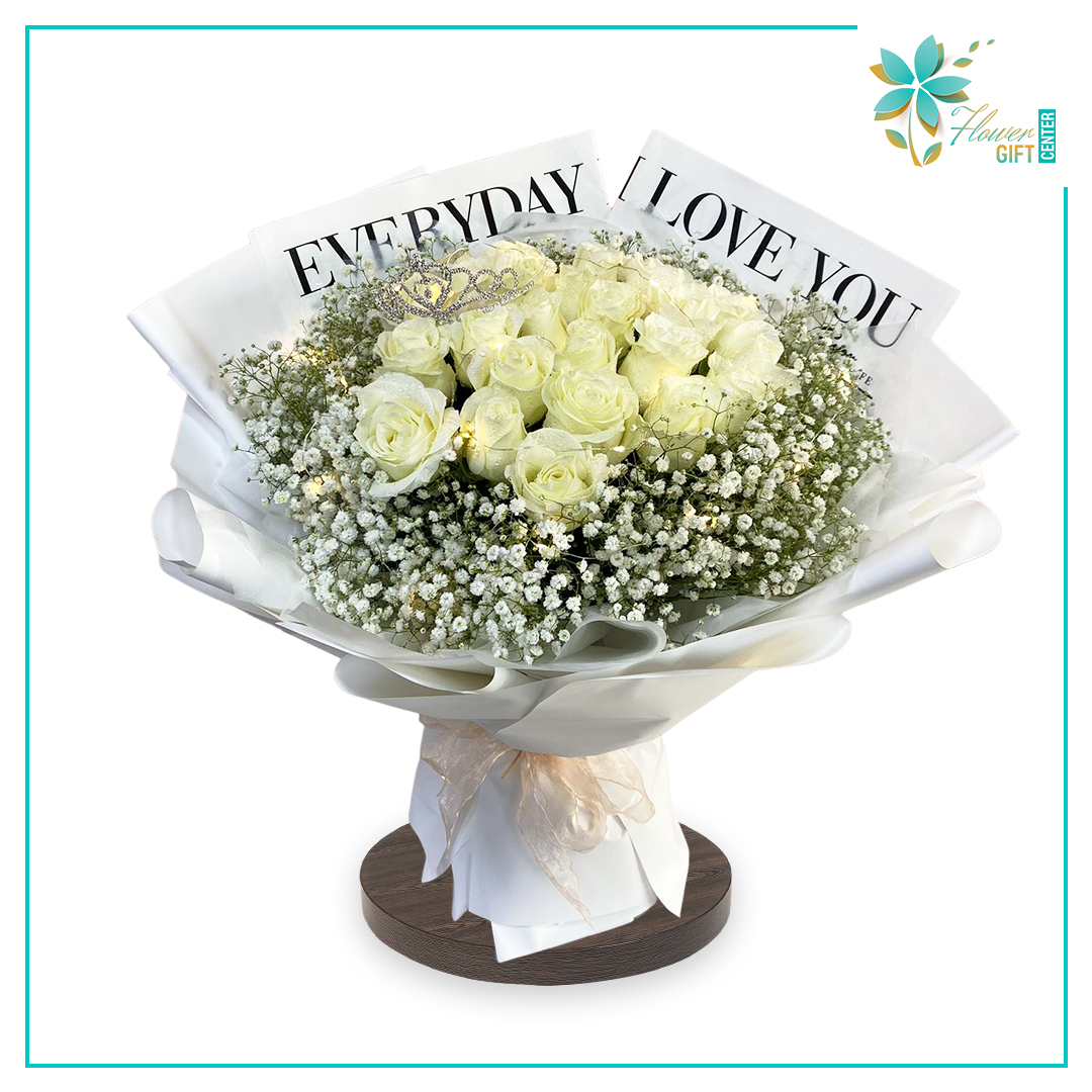 White Bouquet with Crown and Led | Flower Gift Center